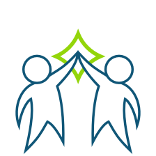 Community-Focused Blue icon of two people with hands raised together with green star.